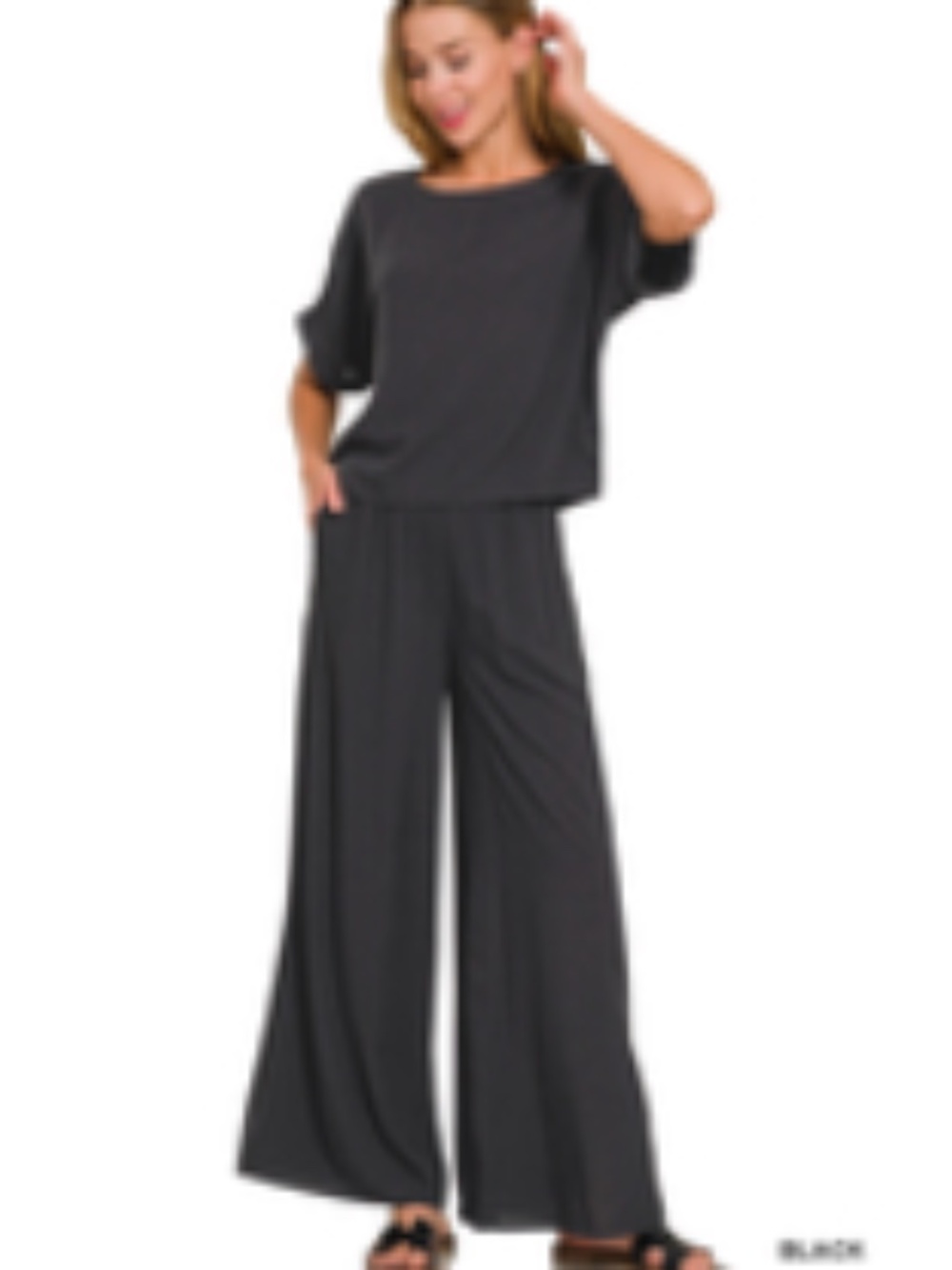 #1205 Round Neck T-Shirt and Wide Leg Pants Set